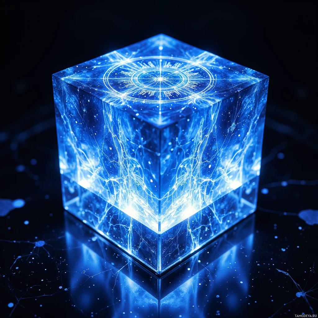 A glowing blue cube with intricate light patterns and reflections on a dark background.