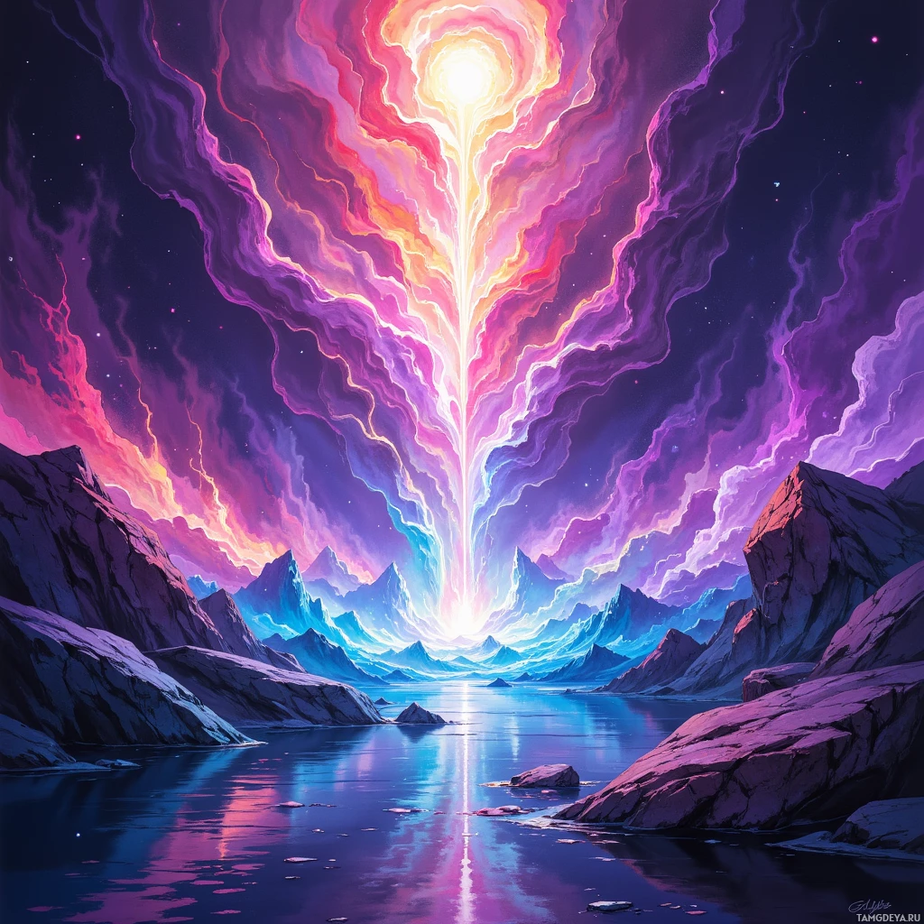 A vibrant, fantastical landscape featuring a glowing light source at the center, surrounded by swirling clouds and towering, icy mountains reflected in a calm body of water.