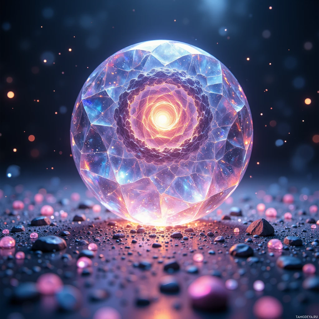 A glowing, crystalline sphere with a radiant interior sits atop a bed of small stones and pebbles.