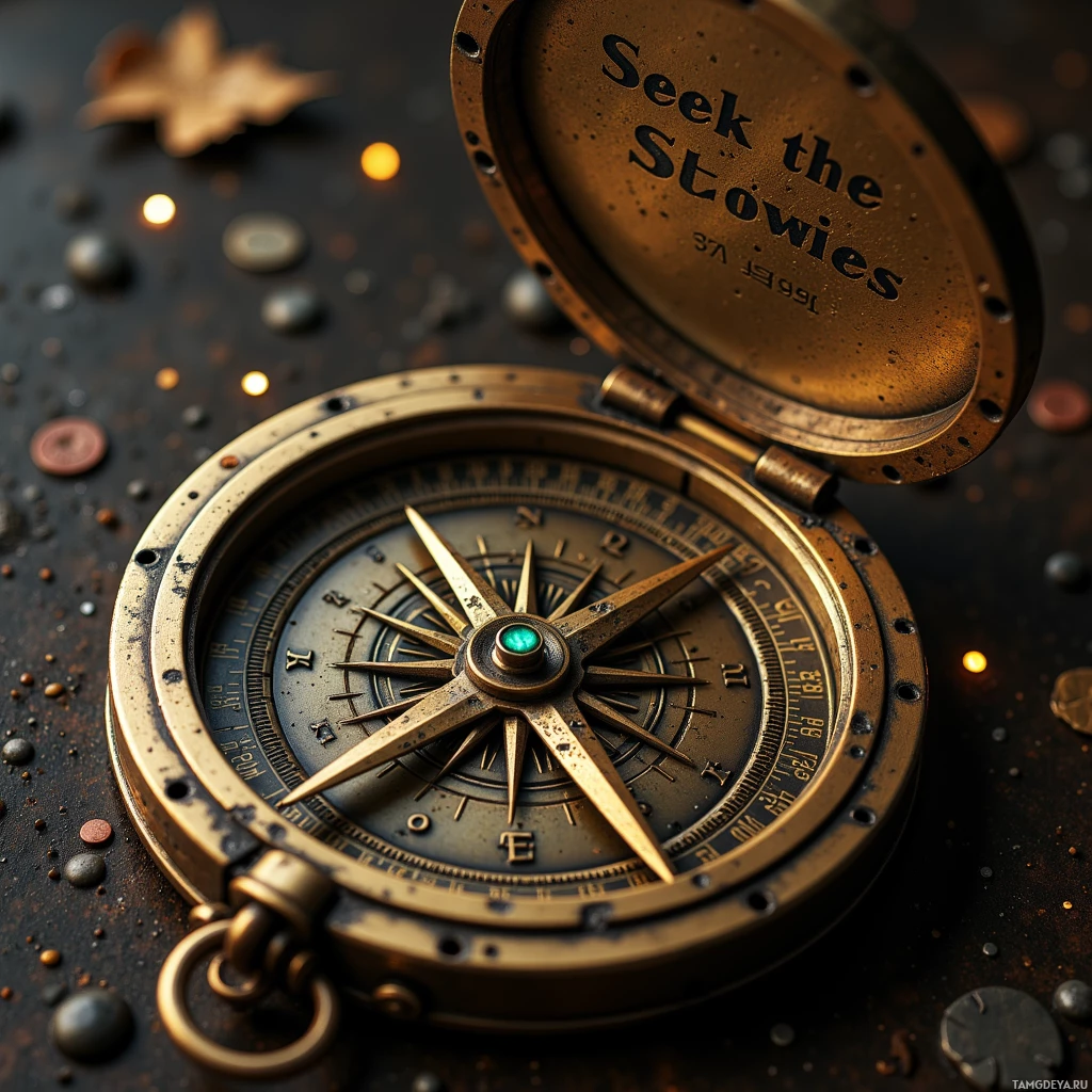 A close-up of an ornate, vintage compass with the words "Seek the Stowies" engraved on its lid.