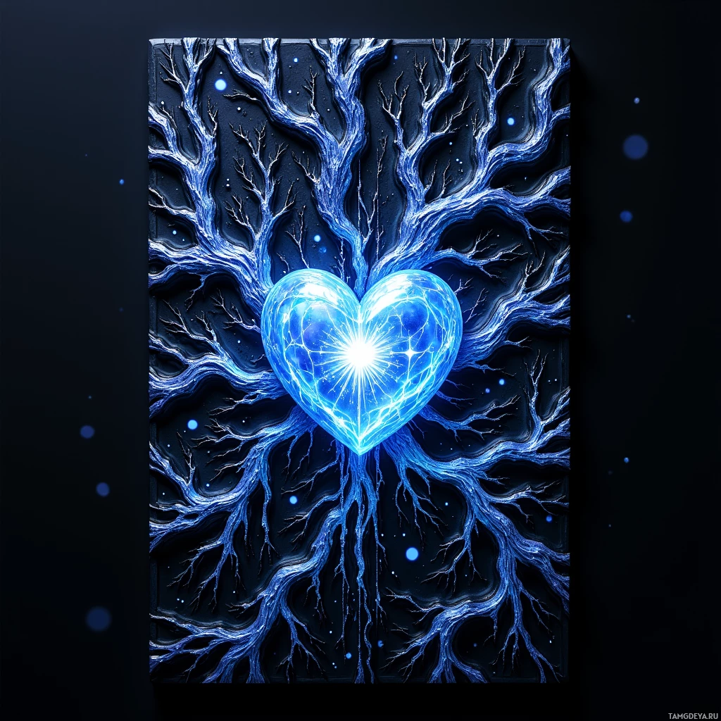 A glowing blue heart with intricate branching patterns radiates light against a dark background.