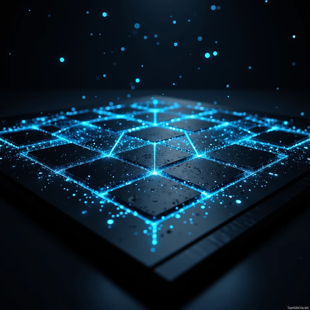 A glowing blue grid of illuminated squares on a dark background.