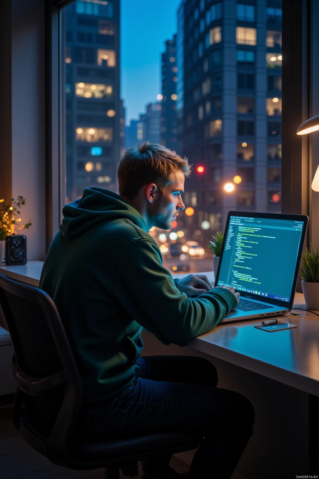 Realistic high quality photo. 29‑year‑old man with short blonde hair, blue eyes, pale skin, wearing a green hoodie and dark jeans, sits at a desk in a quiet modern apartment at night, intensely focused on a glowing laptop screen displaying code, with humming cooling fans and distant city traffic heard through the window.