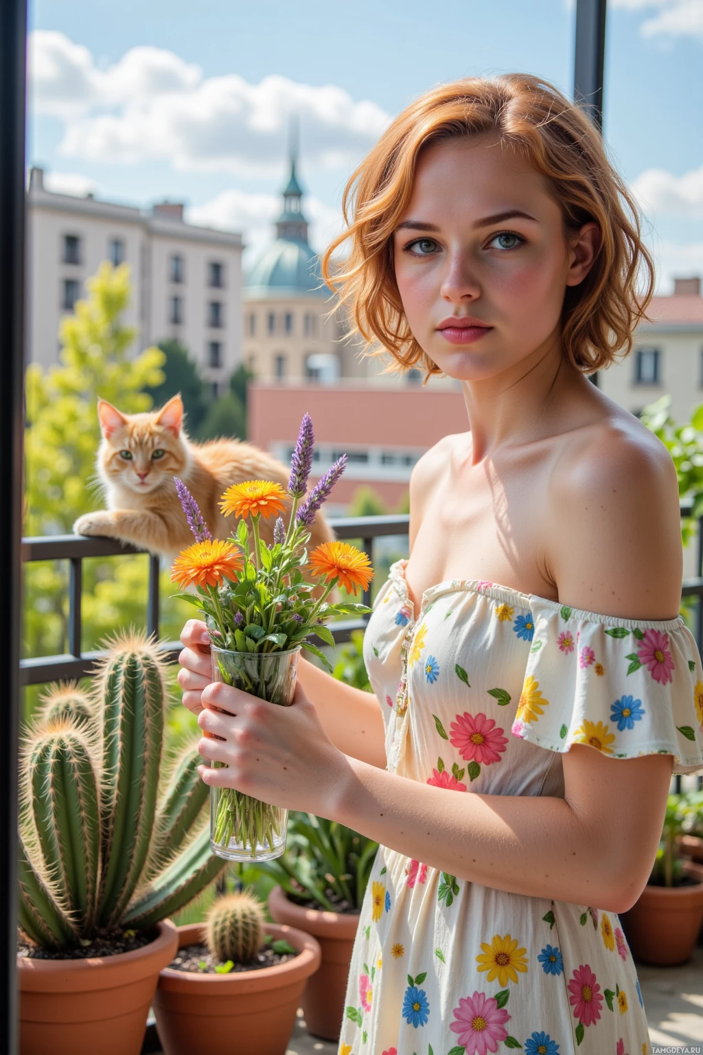 Realistic high quality photo. 24‑year‑old woman, curly red hair, green eyes, light linen dress with bright floral patterns, replacing a lavender sprig with a dandelion in a balcony terrarium, holding a citrus bouquet, cat perched on a cactus, balcony railing, potted plants, warm sunlight, blue sky