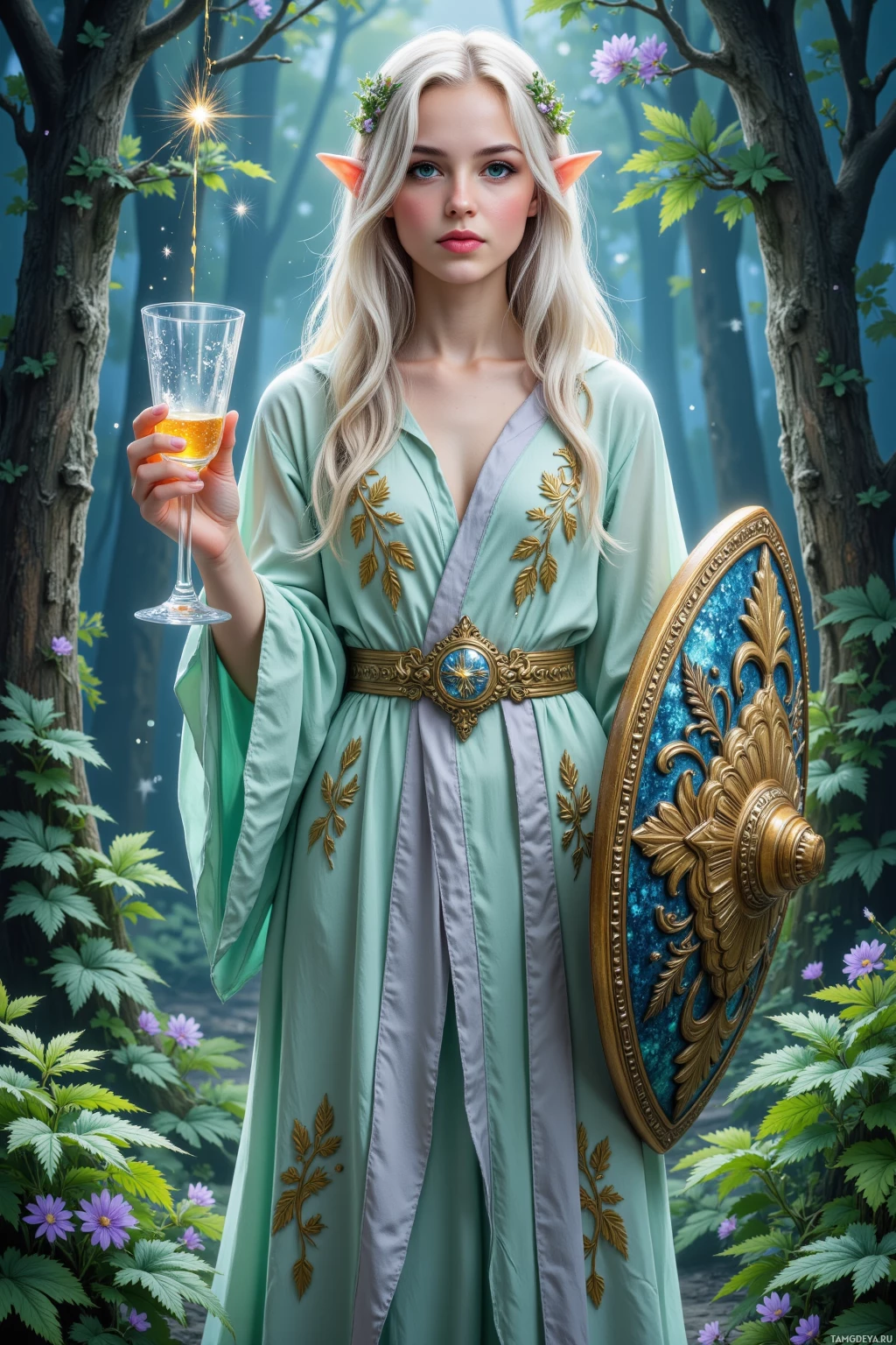 Realistic high quality photo. Graceful elven mage with silver blonde hair and bright green eyes, pastel leaf‑embroidered robes, standing in a moonlit forest clearing surrounded by wandering sprites, holding a crystal glass spilling liquid, brandishing a shimmering shield, surrounded by glittering nettles and sparkling herbs, radiating a calm protective aura.