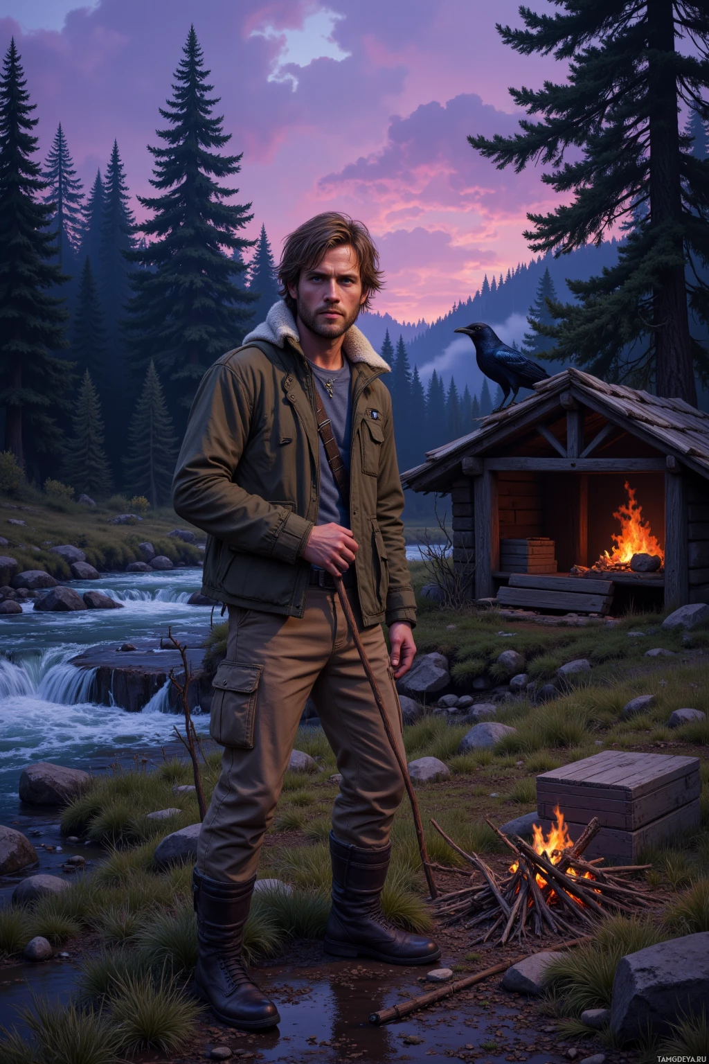 Realistic high quality photo. A 36‑year‑old man with messy light brown hair, bright blue eyes, pale skin, wearing a worn olive‑green jacket and rugged beige cargo pants, stands beside a gently flowing river cutting through pine needles under a bruised violet twilight sky, holding a simple fire‑plough of sticks, a crow perched on a nearby branch watching, a wooden box placed beside a crude shelter, forest setting, calm determined expression, modern realism.