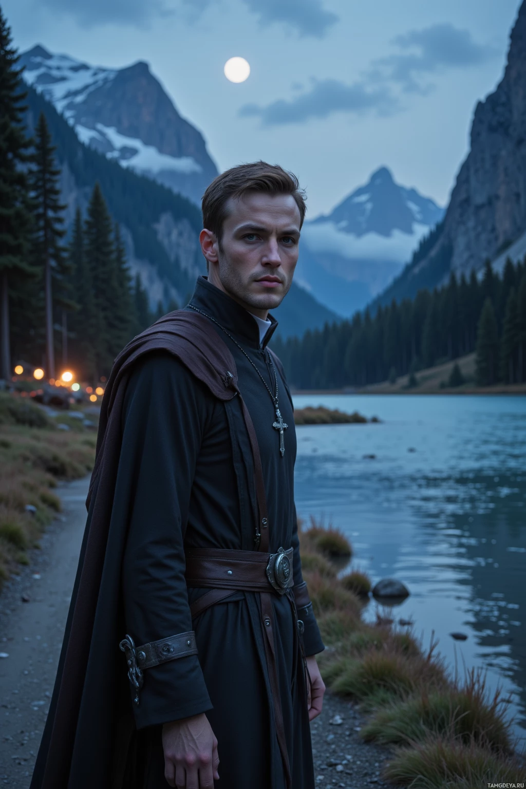 Realistic high quality photo. A 45‑year‑old man with short light brown hair, piercing blue eyes, fair skin, strong features, slight crease between his eyebrows, wearing a simple elegant dark clerical robe and a silver cross pendant, walks along a silvered path beside a moonlit river at dusk, wind swirling around him, distant mountains looming, his calm and wise expression guiding seekers toward inner peaks.