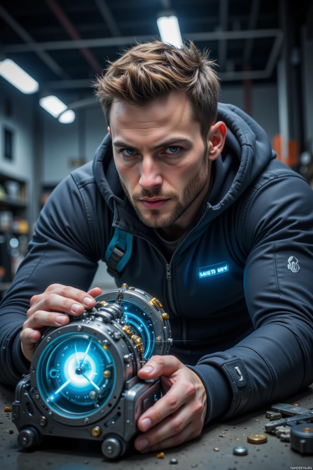 Realistic high quality photo. Male, 35, short messy light brown hair, bright blue eyes, athletic build, wearing a sleek futuristic jacket with glowing blue accents, tightening a spinning alarm clock with exposed metal gears in a dimly lit workshop, the gears rotating like a silent drum, metal humming and flashing faint blue light, his tense hands focused in dynamic motion.