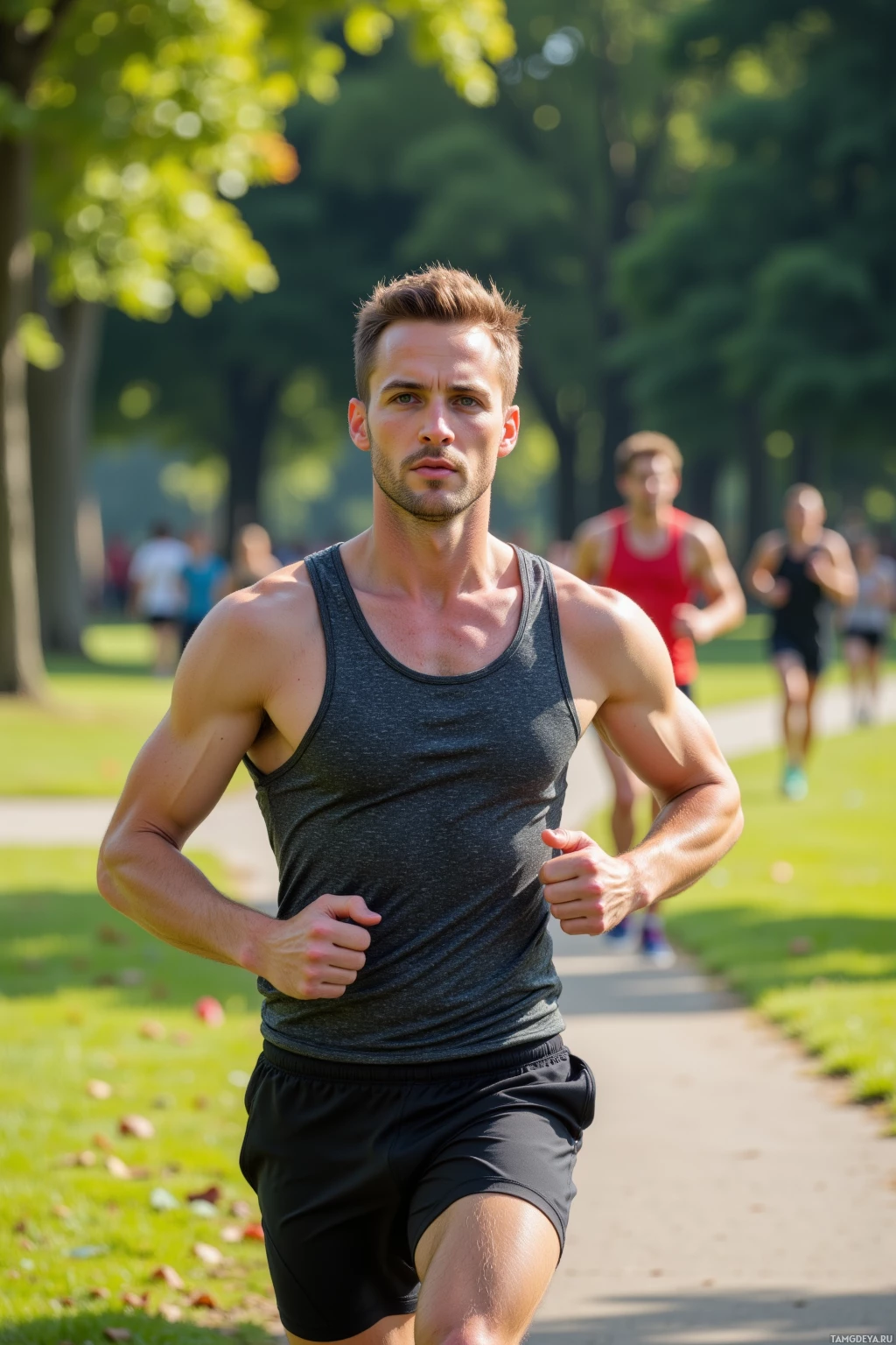 Realistic high quality photo. A 33‑year‑old healthy man with short light brown hair, deep blue eyes, chiseled features, athletic build, wearing a fitted sleeveless tank top and workout pants, running on a sunny park path, pointing toward a group of runners, surrounded by trees and green grass, midday.