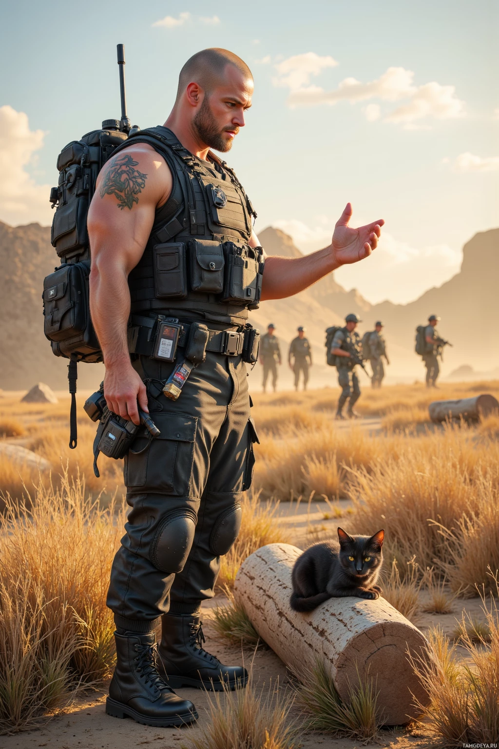 Realistic high quality photo. A muscular 36‑year‑old man with a shaved head, piercing blue eyes, angular jaw, fair skin, wearing a black tactical vest, cargo pants and sturdy boots, standing on a bright training field at sunrise, holding a GPS device and a sealed tactical snack pack, issuing orders to a squad of soldiers while a small cat naps on a log, exuding disciplined, no‑nonsense leadership.