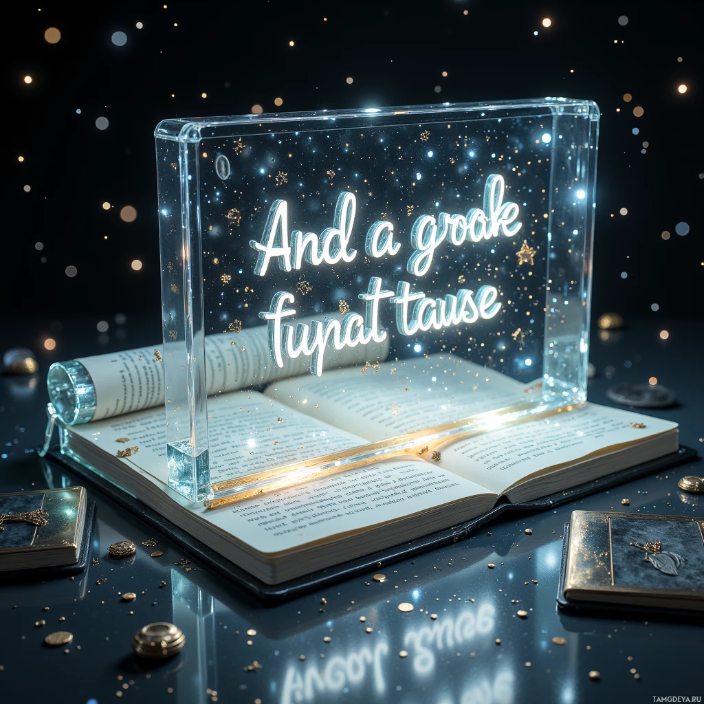 Semi-abstract image with many light, that is suitable for the post:  Translucent glass notebook with a weightless, sleek body, holographic white text floating above the surface, gold-highlighted clauses, subtle reflective sheen, minimalist futuristic design.