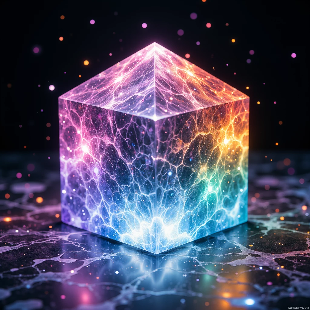 Semi-abstract image with many light, that is suitable for the post:  Translucent hexagon‑shaped crystal prism with swirling etched hex‑code pattern on its surface, refracting ambient light into a dynamic rainbow that cycles colors every 3 seconds, emitting a subtle iridescent glow and vibrating gently at chromatic peaks.