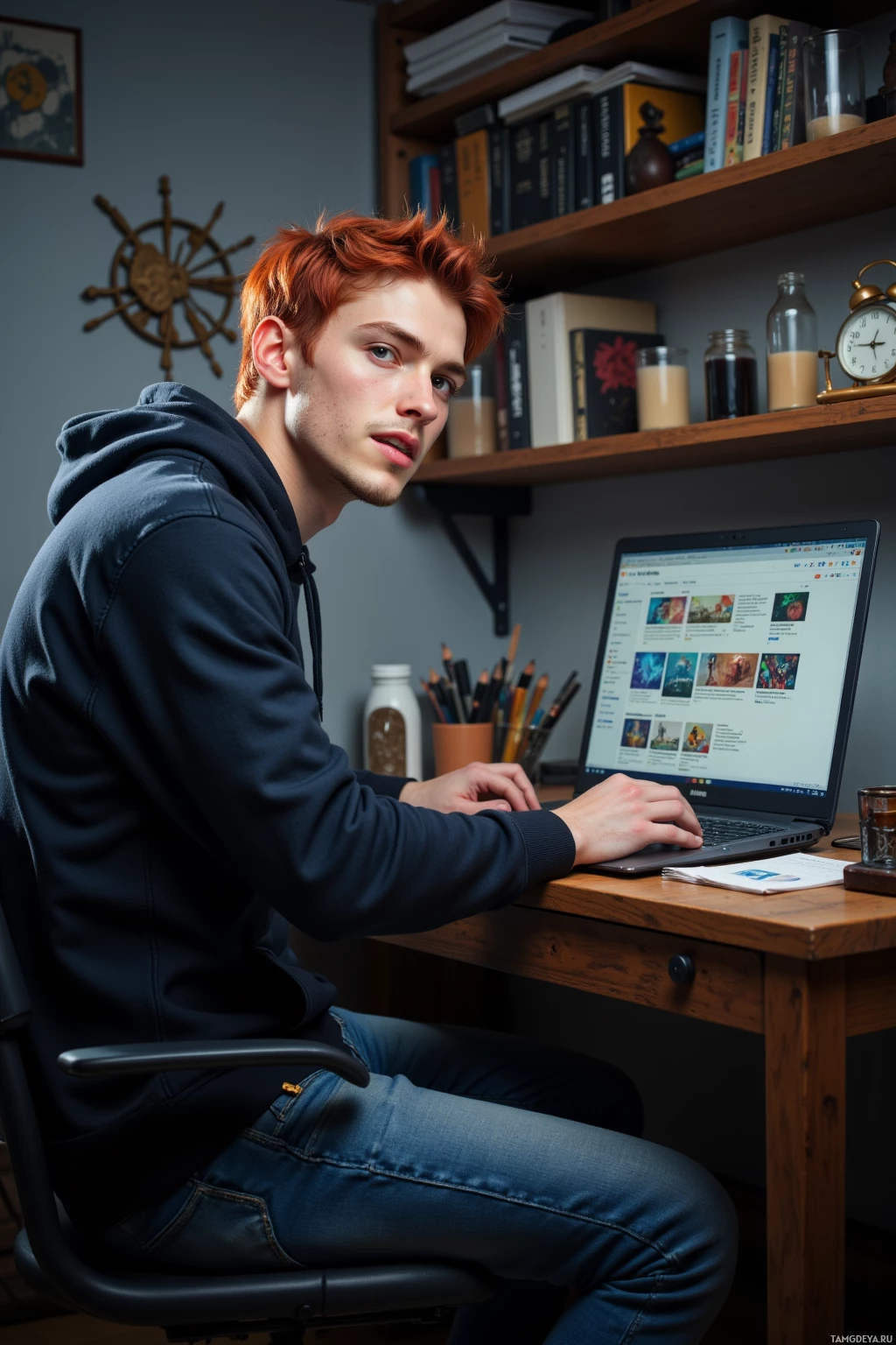 Realistic high quality photo. 19‑year‑old man with short fiery red hair, piercing blue eyes, sharp jawline, mischievous grin, wearing a hoodie and jeans, sits at his cluttered apartment desk at 3 a.m., scrolling through science podcasts on a laptop while a chessboard and a spreadsheet lie beside him, his confident posture radiating sharp wit and rebellious curiosity.