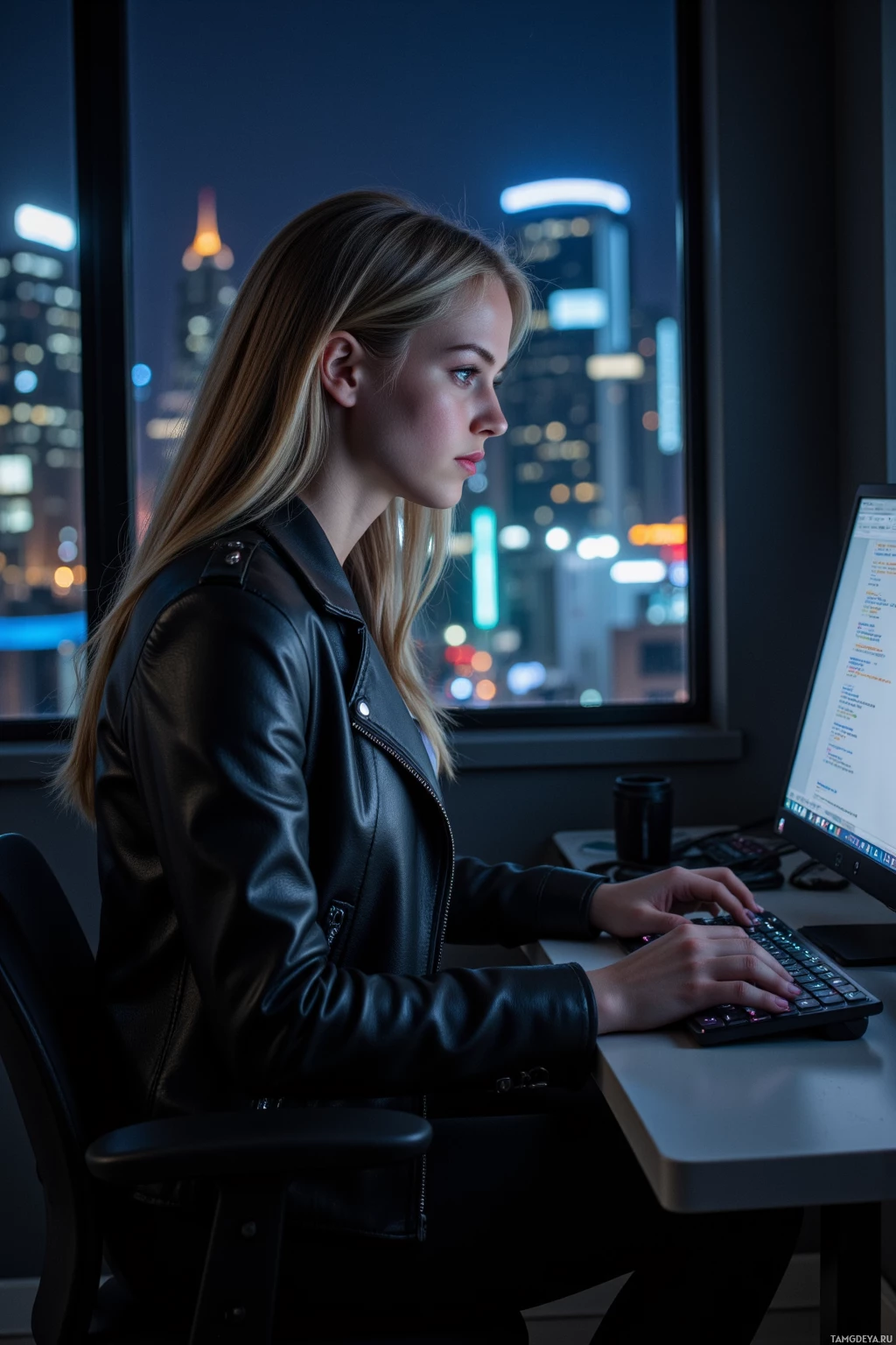 Realistic high quality photo. A lone woman in a dark leather jacket and pants, pale skin and blonde hair, sits in a dimly lit server room at night, her fingers dancing over a glowing keyboard while blinking monitors display code, with the distant city hum audible through a window and flickering LED panels casting a cold glow.