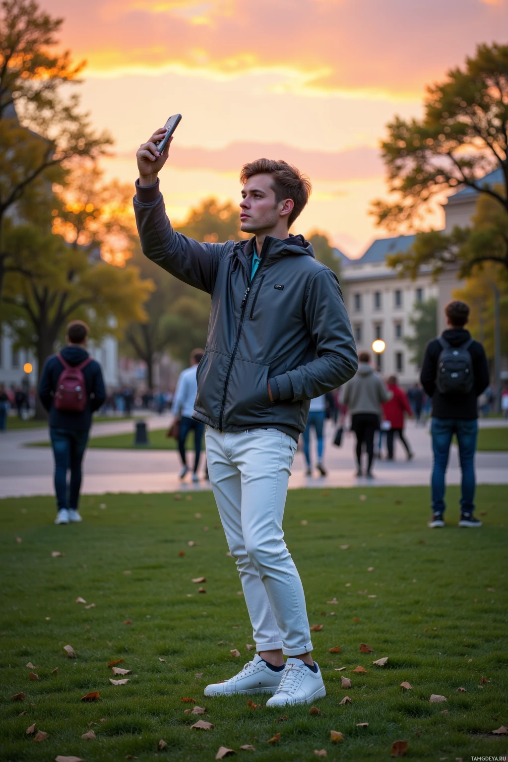 Realistic high quality photo. Young male, 22, styled light brown hair, bright blue eyes, wearing a trendy grey jacket, white sneakers, slim white pants, holding a smartphone for a sunrise selfie on a quiet urban park lawn, sunrise sky glowing orange and pink, his face illuminated by early light, a few onlookers watching in the background.