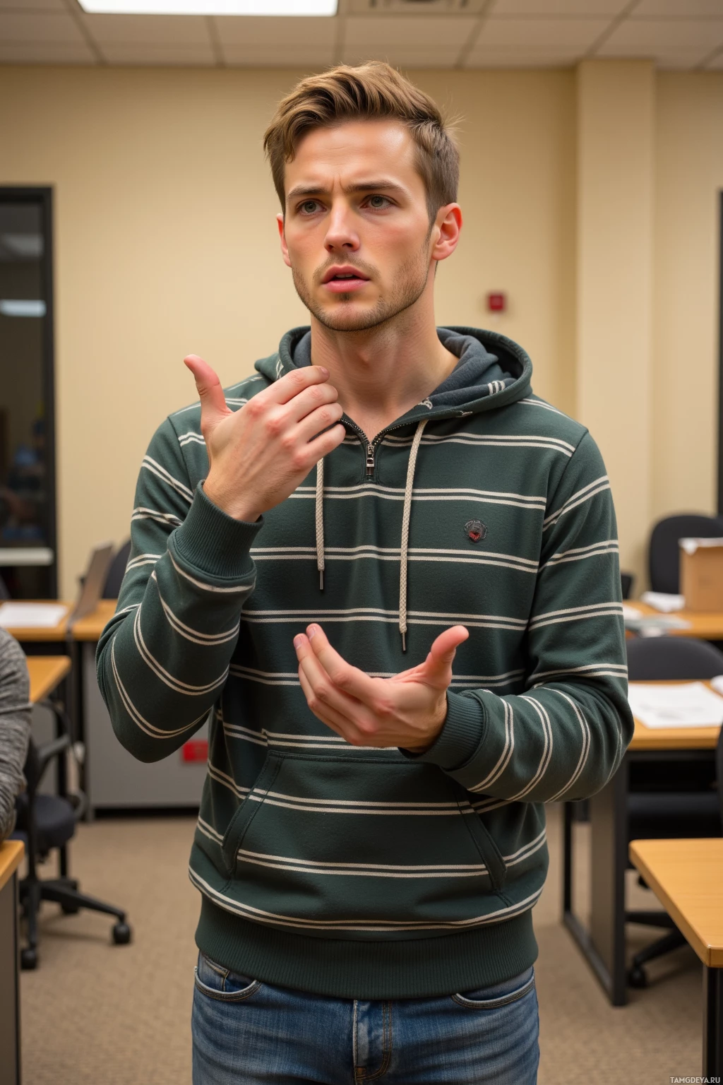 Realistic high quality photo. A 26‑year‑old male actor with light brown short hair, pale skin, green eyes, wearing a striped hoodie and blue jeans, standing in a beige office rehearsal room at noon, gesturing animatedly and looking frustrated as he prepares to deliver a line.