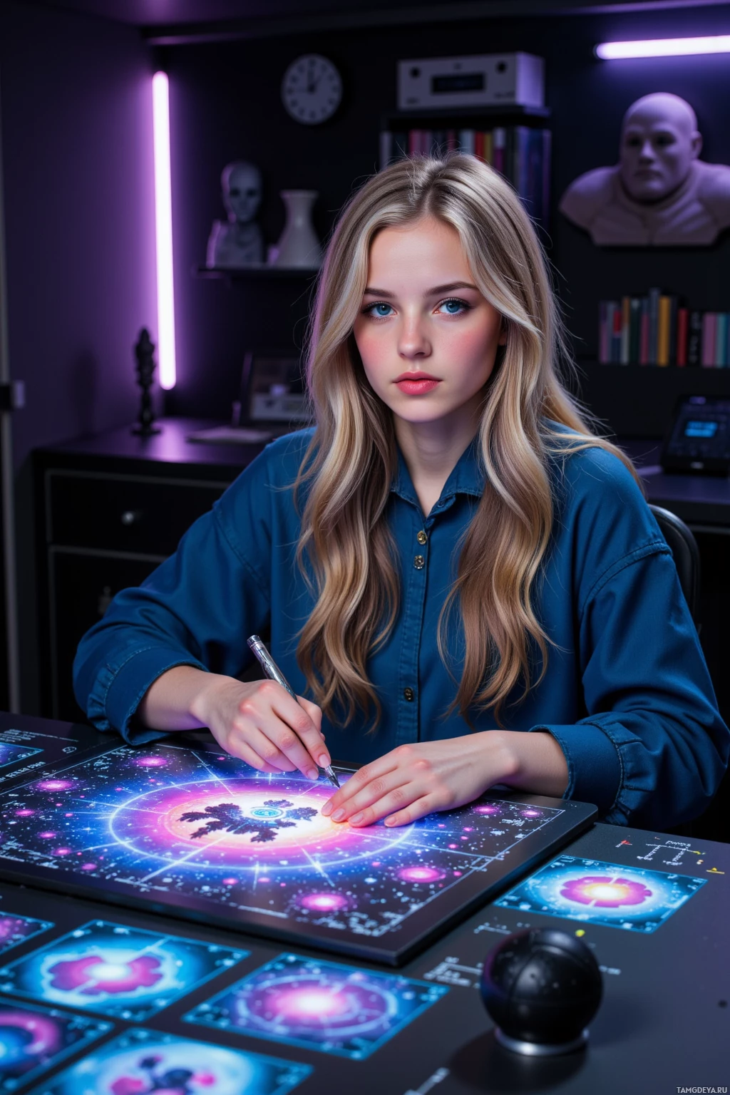 Realistic high quality photo. A dimly lit sci‑fi studio at night, a 24‑year‑old woman with soft blonde curls, bright blue eyes, pale skin, wearing a flowing cloak patterned with vibrant pixel art, sits at a desk bathed in a soft glow, layering pixelated nebulae onto a holographic map while sketching a strange creature for an asteroid colony, surrounded by holographic star charts and a small checklist, the ambient light bleeding softly into the horizon.