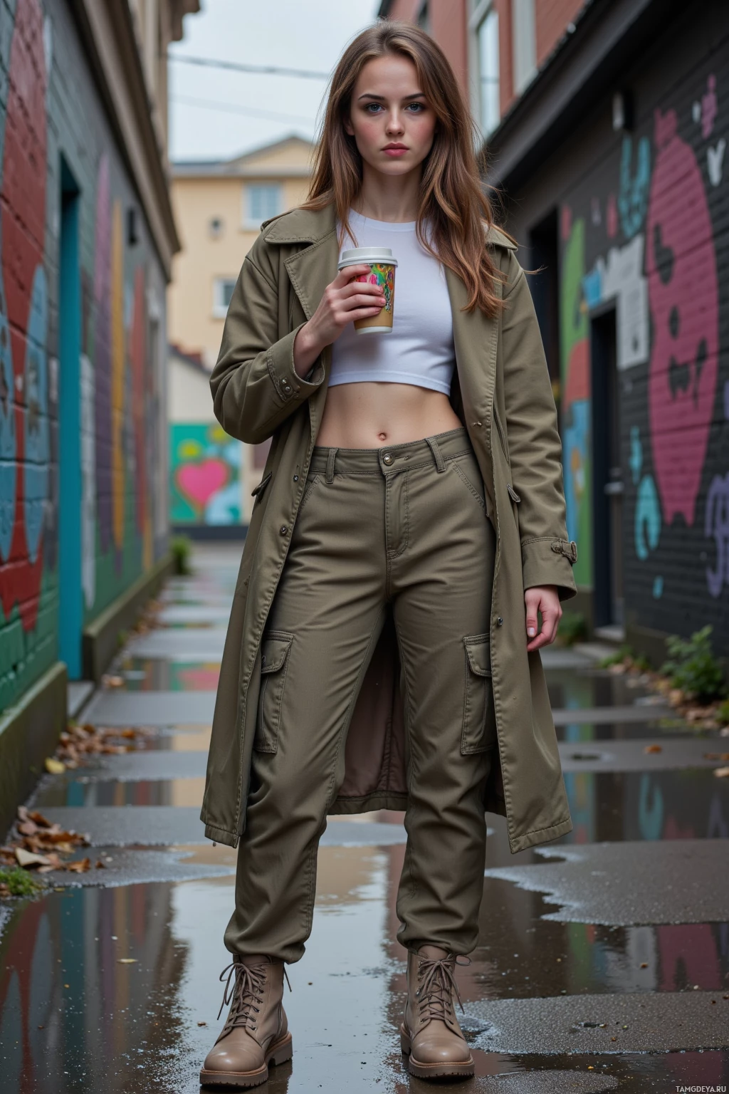 Realistic high quality photo. Female, 26, long light brown hair, blue eyes, pale skin, wearing a reclaimed coat over a white crop top, high‑waisted cargo pants, chunky beige boots, standing in a damp alley with colorfully wet wall art after a drizzle, holding a locked designer coffee cup, looking focused and determined, late evening.