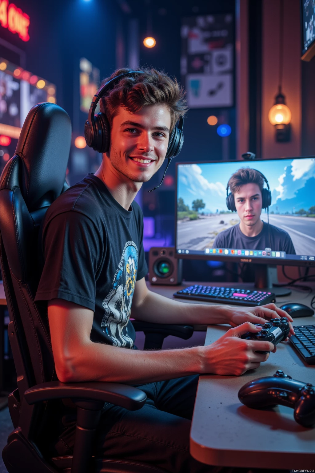 Realistic high quality photo. Male, 24, messy brown hair, blue eyes, playful expression, wearing a graphic T‑shirt and headphones, standing in a modern streaming studio with a large monitor, microphone, and warm glow lighting the scene, addressing a live chat audience on a secondary screen while holding a gaming controller, in a lively evening setting.
