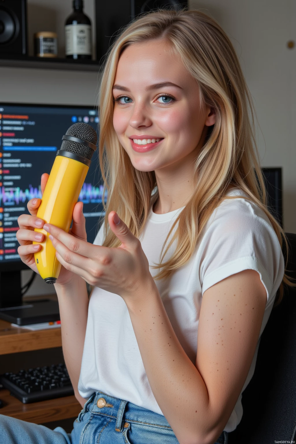 Realistic high quality photo. Female streamer, 23, with messy blonde hair, bright blue eyes, pale skin, mischievous smile, wearing a casual tee and jeans, holding a banana‑shaped microphone in a home streaming studio, computer screen displaying chat with glitchy laugh track overlay, energetic pose with one hand on the mic and the other gesturing toward the camera, late afternoon natural light.