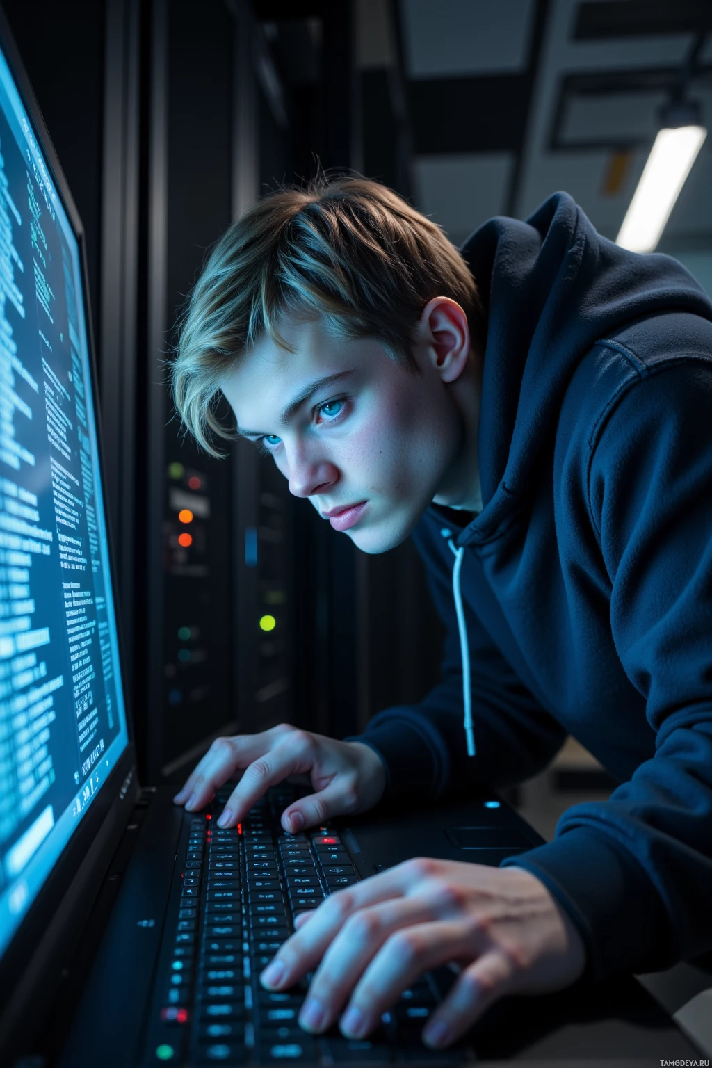 Realistic high quality photo. 23‑year‑old man with light brown hair, bright blue eyes, pale skin, wearing a hoodie with pixelated glitch patterns, leaning over a dim terminal in a server room, scrolling logs under a subtle pixel glow while humming server racks surround him.