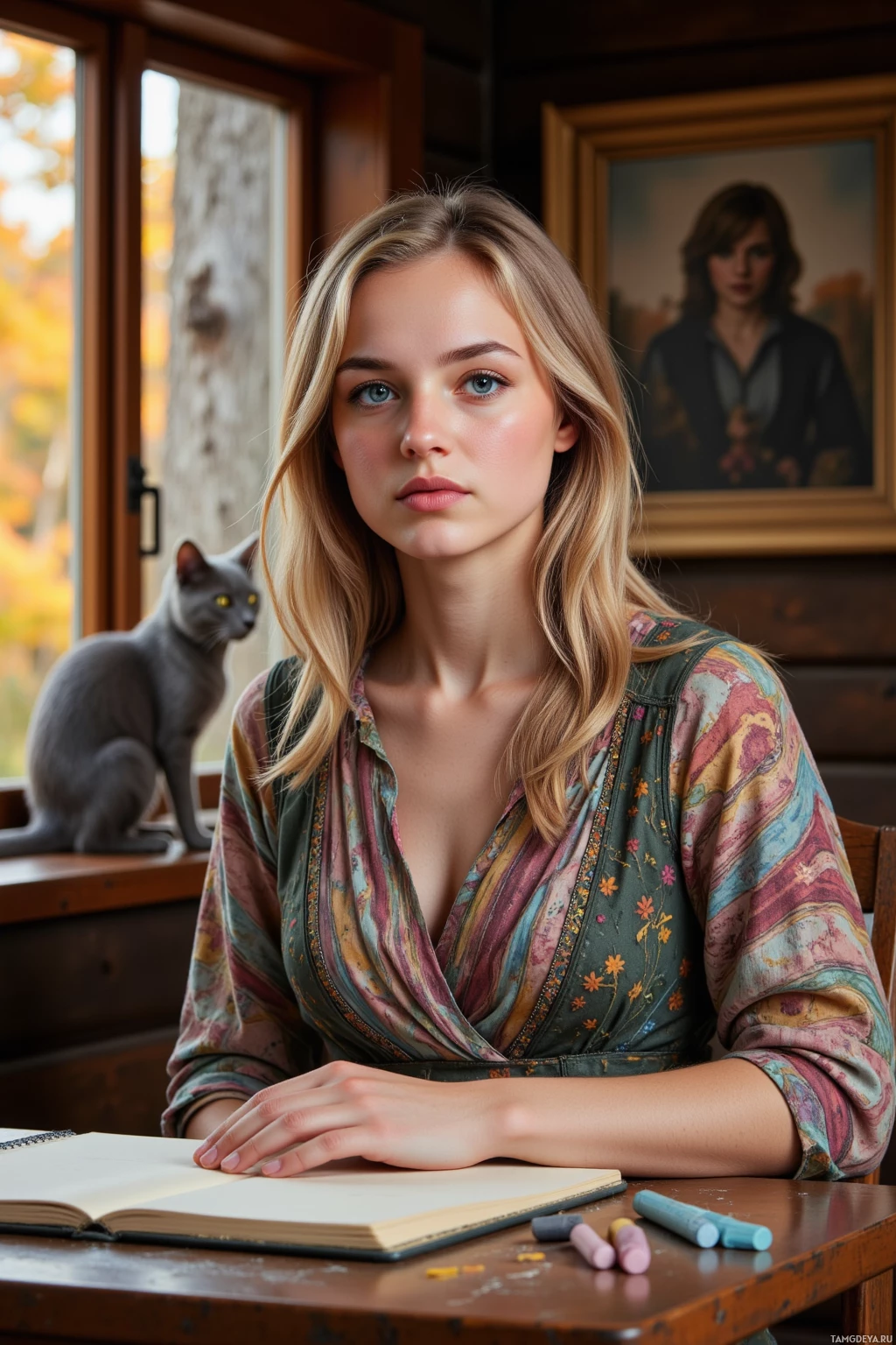 Realistic high quality photo. 27‑year‑old woman with long wavy blonde hair, bright blue eyes, wearing a colorful patterned layered dress, sits at a wooden table in a rustic cabin, charcoal in hand, sketchbook on a side table, as amber light drapes a tree trunk outside the window, a gray cat perched on the sill purring, the woman looking slightly impatient, evening light casting warm tones.