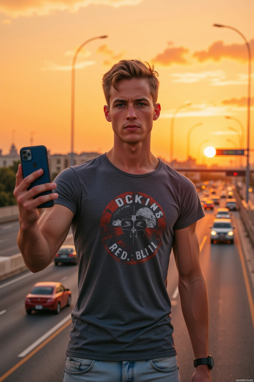 Realistic high quality photo. A lean athletic 24‑year‑old man with short blonde hair, bright blue eyes, wearing a fitted graphic tee and light denim jeans, standing on a modern highway at sunset, gripping a smartphone to rescue a friend from a selfie fail while debating with a bus driver about the meaning of “red,” surrounded by passing cars and a vibrant orange sunset sky.