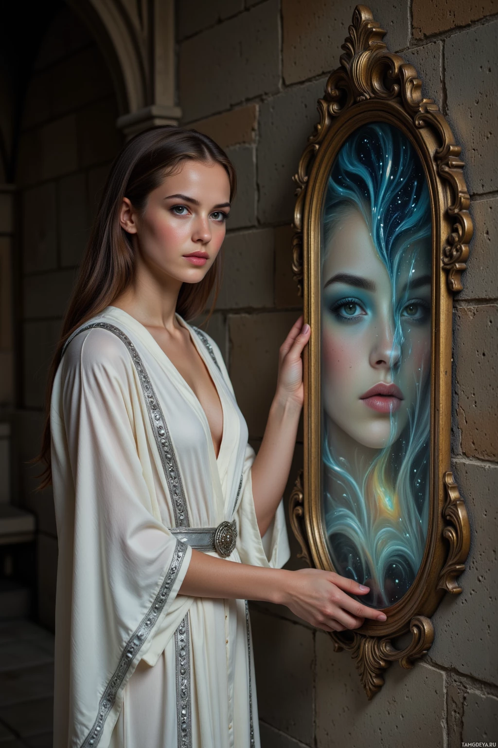 Realistic high quality photo. A 33‑year‑old woman with long dark brown hair, piercing brown eyes, warm golden skin, wearing an elegant white robe with intricate silver embroidery and a silver belt, stands in a dim stone‑walled hall holding a large antique mirror that reflects swirling kaleidoscopic horizons, her calm face softening as the mirror winks back with a mysterious smile, bathed in subtle ethereal glow.