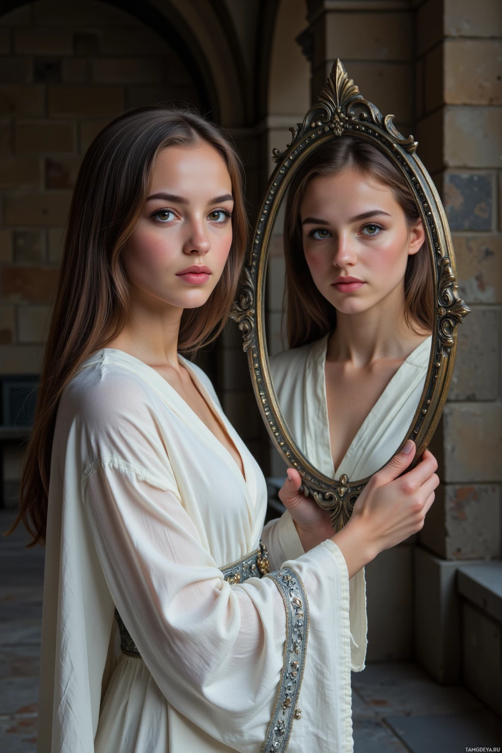 Realistic high quality photo. A 33‑year‑old woman with long dark brown hair, piercing brown eyes, warm golden skin, wearing an elegant white robe with intricate silver embroidery and a silver belt, stands in a dim stone‑walled hall holding a large antique mirror that reflects swirling kaleidoscopic horizons, her calm face softening as the mirror winks back with a mysterious smile, bathed in subtle ethereal glow.