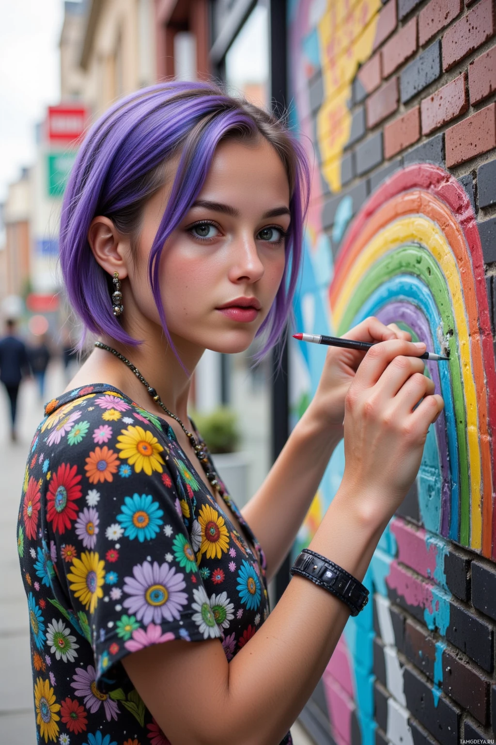 Realistic high quality photo. young woman with vivid purple‑blue‑pink hair, bright blue eyes, fair skin, wearing bold eclectic clothing and colorful jewelry, sketching a vibrant rainbow onto a brick wall in a bustling modern city street at morning light