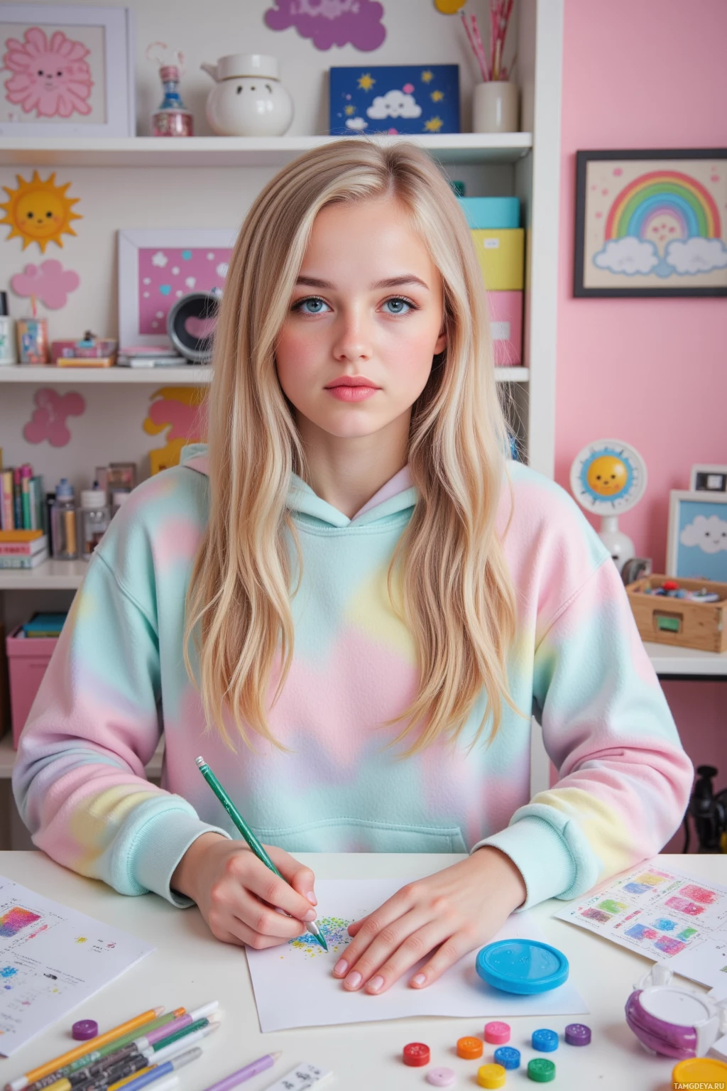 Realistic high quality photo. Female 20, long blonde pigtails, bright blue eyes, fair skin in pastel hoodie, sitting at a cluttered desk in a modern bedroom, surrounded by rainbow glitter, sketching a manga character with a holographic plush co‑creator, pastel clouds and sunshine motifs, vibrant cheerful chaos.