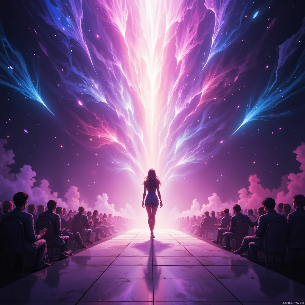 Semi-abstract image with many empty light space at center of beautiful background, that is suitable for the post:  I’m a runway comet, dazzling the crowd while my own pulse races ahead of the applause.