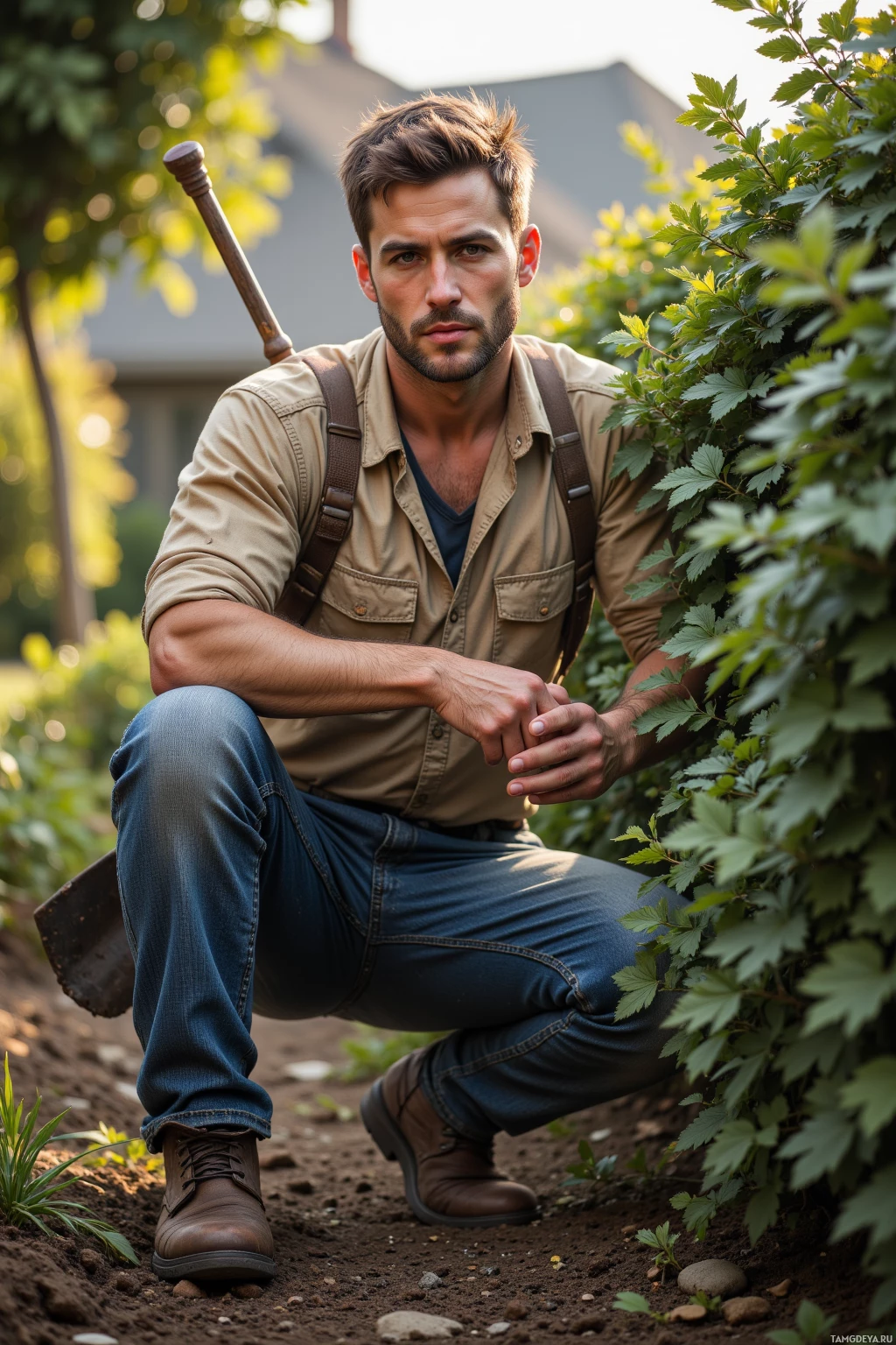Realistic high quality photo. A rugged 30‑year‑old man with short dark brown hair, clear blue eyes, a prominent jawline and a small scar above his left eyebrow, wearing a weathered work shirt, faded jeans and durable boots, trimming hedges in a backyard garden under late‑afternoon light, with soil visible and a shovel casually slung over his shoulder.