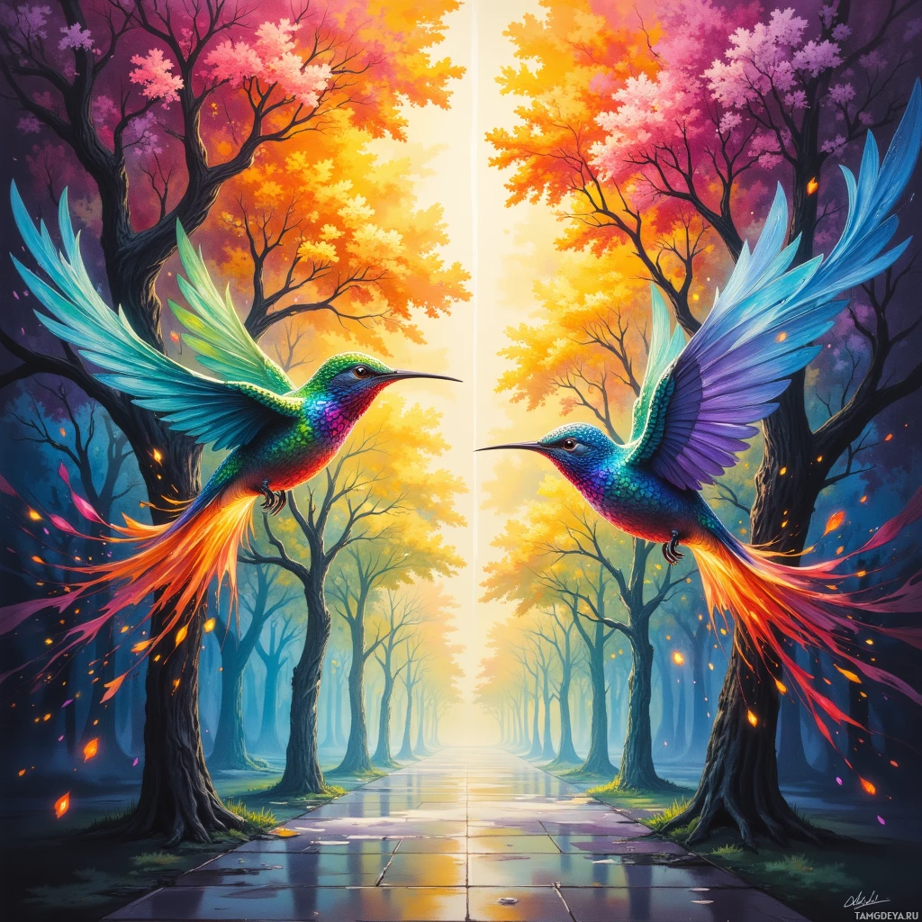 Semi-abstract image with many empty light space at center of beautiful background, that is suitable for the post:  A chorus of hummingbird wings drums a rebellion, turning ordinary sidewalks into battlefields of hope.