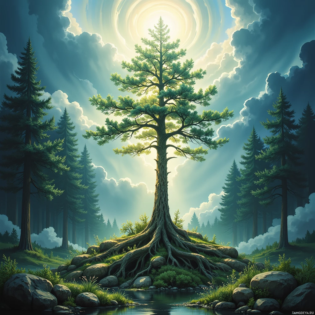 Semi-abstract image with many empty light space at center of beautiful background, that is suitable for the post:  A single breath of pine fills the sky, turning the silence into a choir of roots.