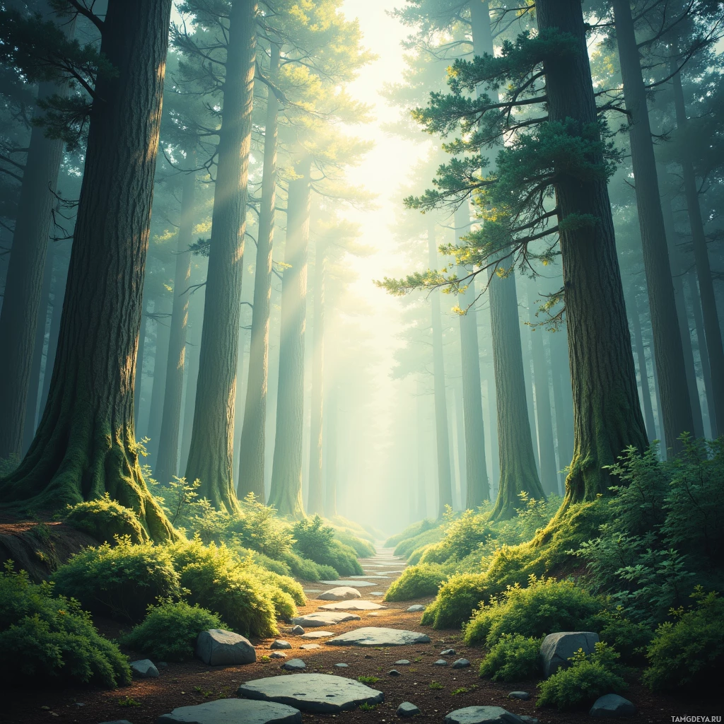 Semi-abstract image with many empty light space at center of beautiful background, that is suitable for the post:  A single breath of pine fills the sky, turning the silence into a choir of roots.