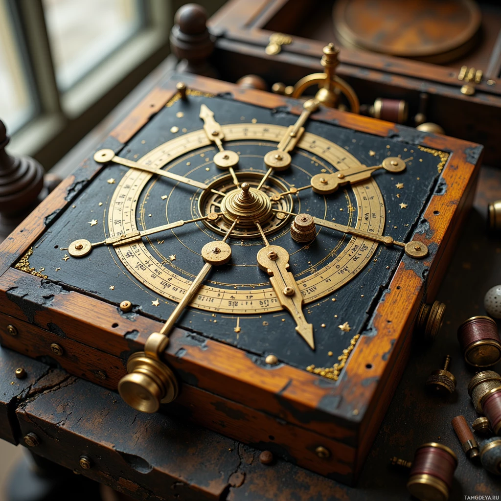 Semi-abstract image with many light, that is suitable for the post:  Brass hand‑wound gravimeter with a delicate gear train and tiny chirping gears, housed in a weather‑torn wooden case carved with star charts, patched with old satellite parts and copper coils, featuring a dial with a visible magnetic strip.