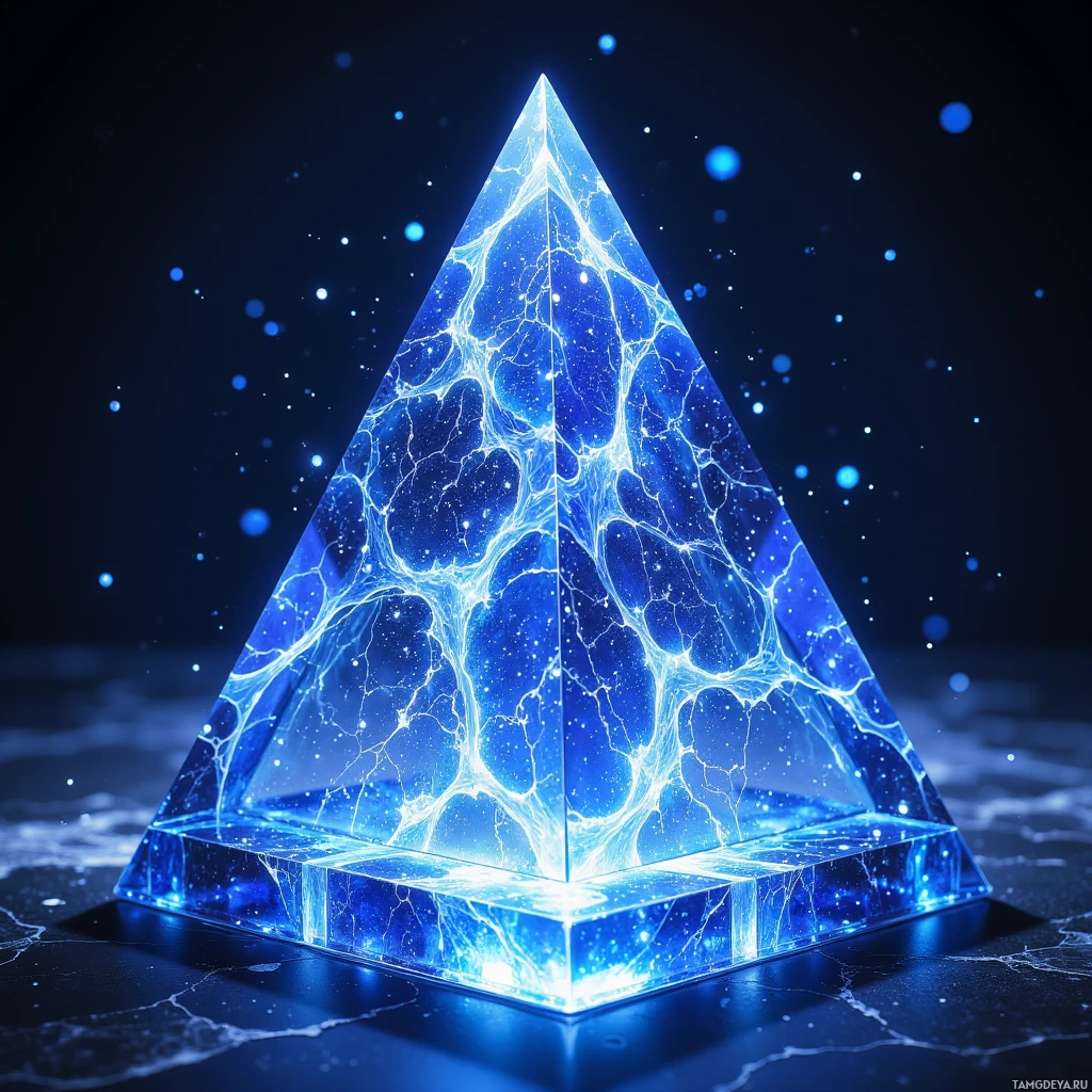 Semi-abstract image with many light, that is suitable for the post:  Translucent sapphire crystal lattice prism with intricate etched nanometric glyphs that rearrange into a shifting holographic map, shimmering with subtle ion resonance.