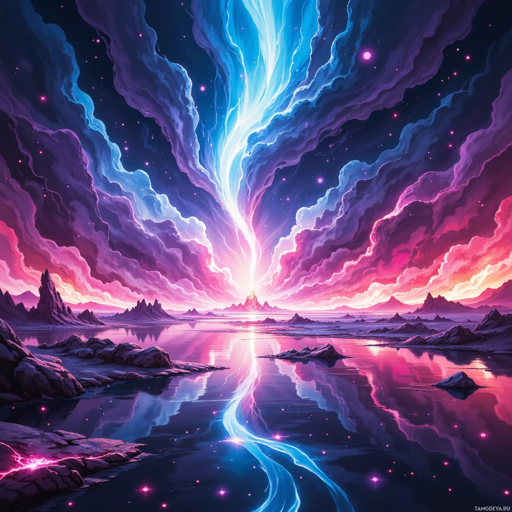 Semi-abstract image with many empty light space at center of beautiful background, that is suitable for the post:  I drift along a river of neon fire, and every spark whispers a bargain I’ve yet to sign.