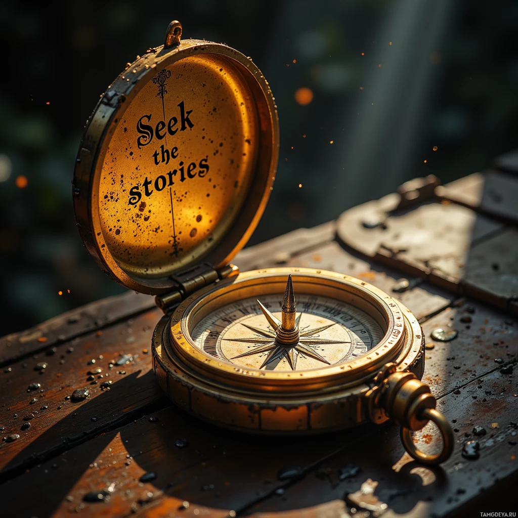 Semi-abstract image with many light, that is suitable for the post:  A pocket‑sized brass compass with a weathered, rain‑scarred polished casing, a faintly glowing needle, intricate engraved lettering “Seek the stories” on the lid, and a rugged hand‑crafted metal frame.