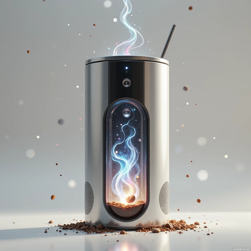 Semi-abstract image with many light, that is suitable for the post:  sleek silver cylindrical coffee mug with a translucent lid, a tiny motorized spoon swirling liquid inside, ink cartridge creating whimsical sketches on the inner glass wall, and a tiny speaker embedded in the rim, all rendered with metallic and glassy textures.
