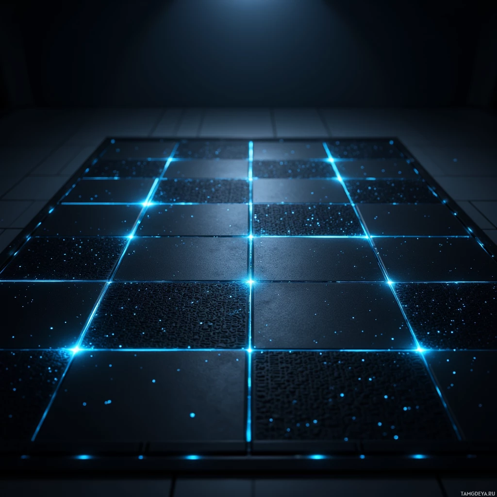 Semi-abstract image with many light, that is suitable for the post:  Matte black training mat resembling a chess board, with raised black squares and faint blue glowing grid lines that subtly shift across the surface, tiny visible nano‑sensor patterns embedded in the fabric, sleek and futuristic.