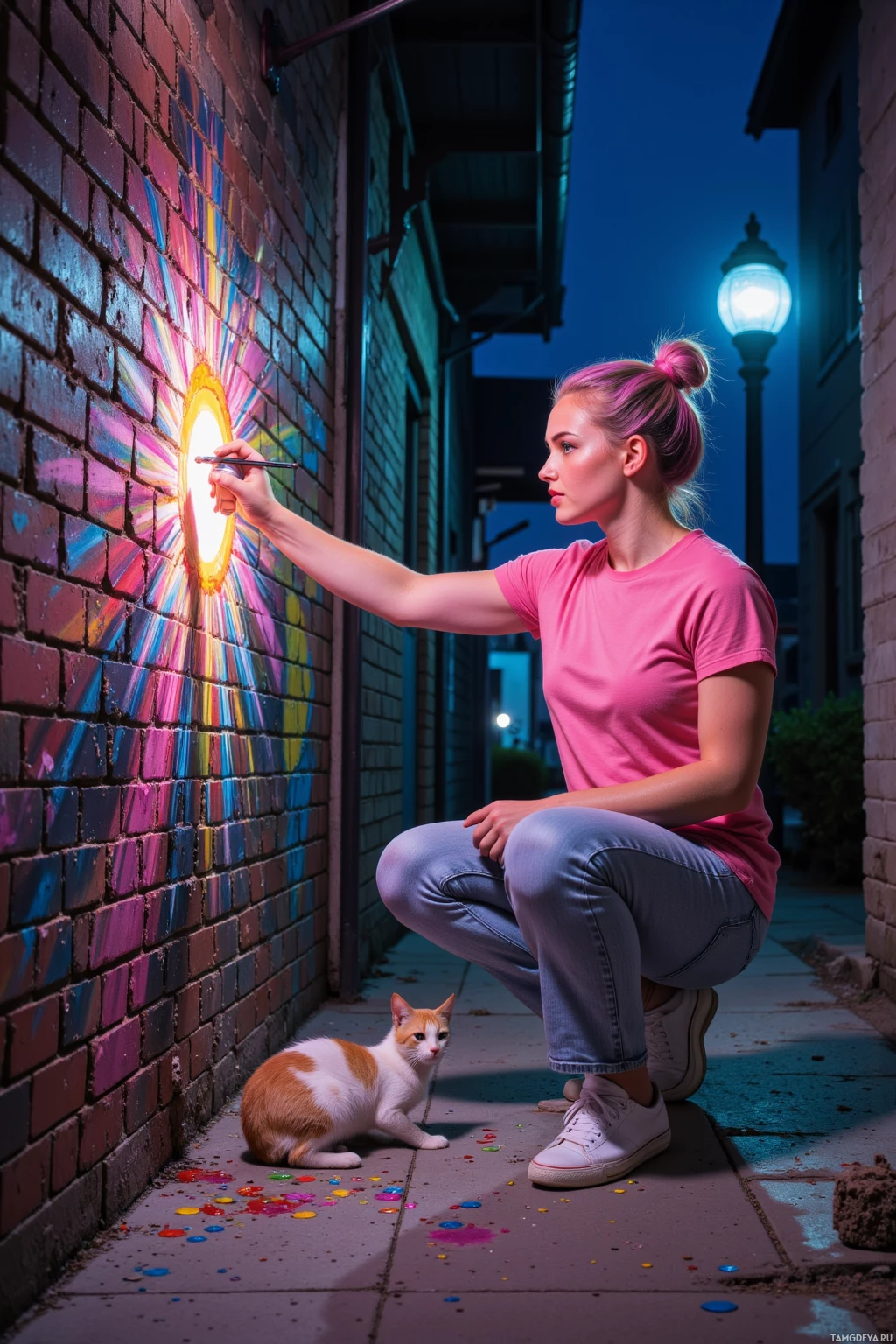 A person is painting a colorful mural on a brick wall at night.