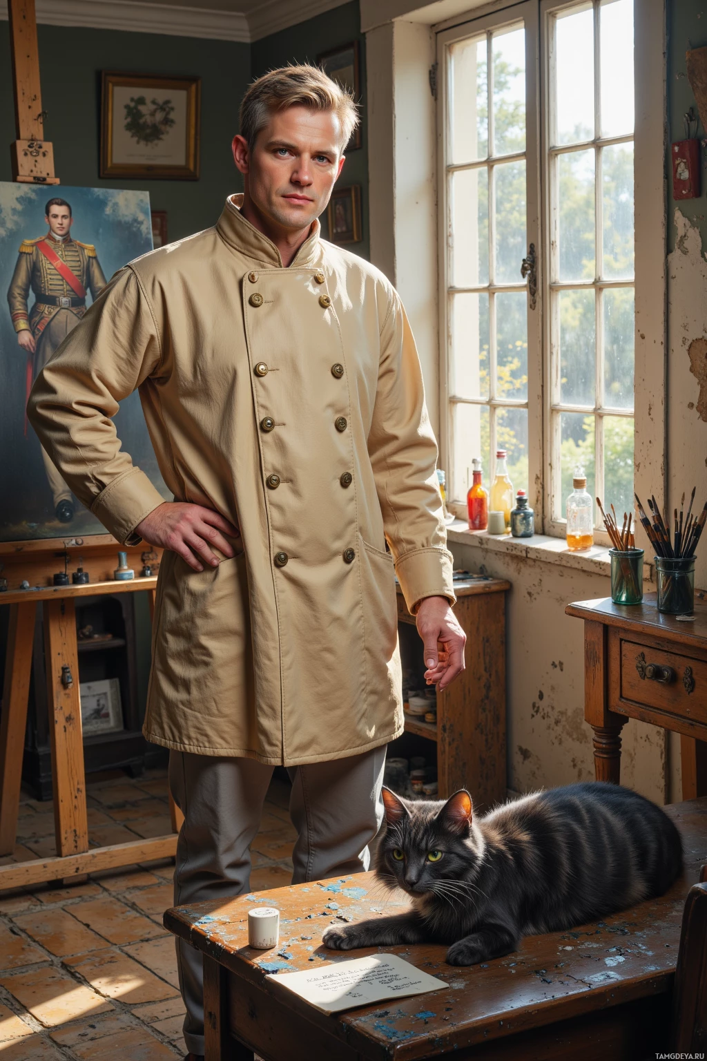 A man in a beige coat stands in a room with a cat on a table.
