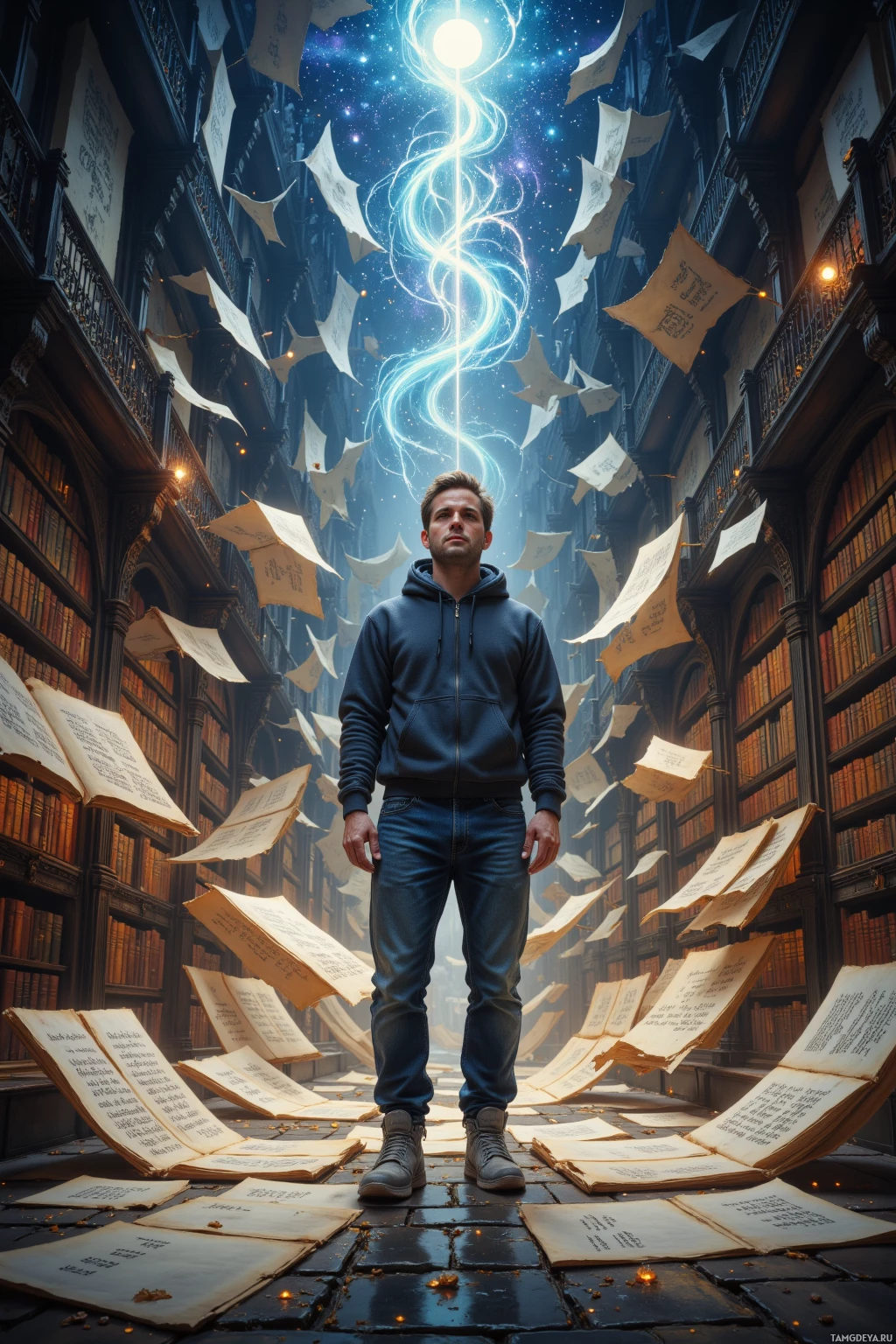 A man stands in a grand library with floating pages and a glowing light beam.