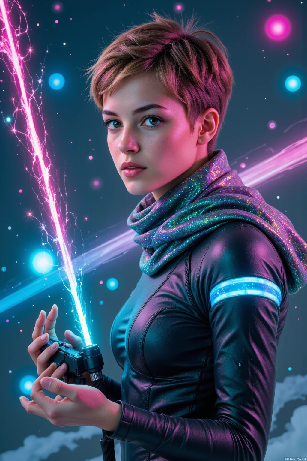 A futuristic woman in a sleek outfit holds a glowing device against a cosmic background.