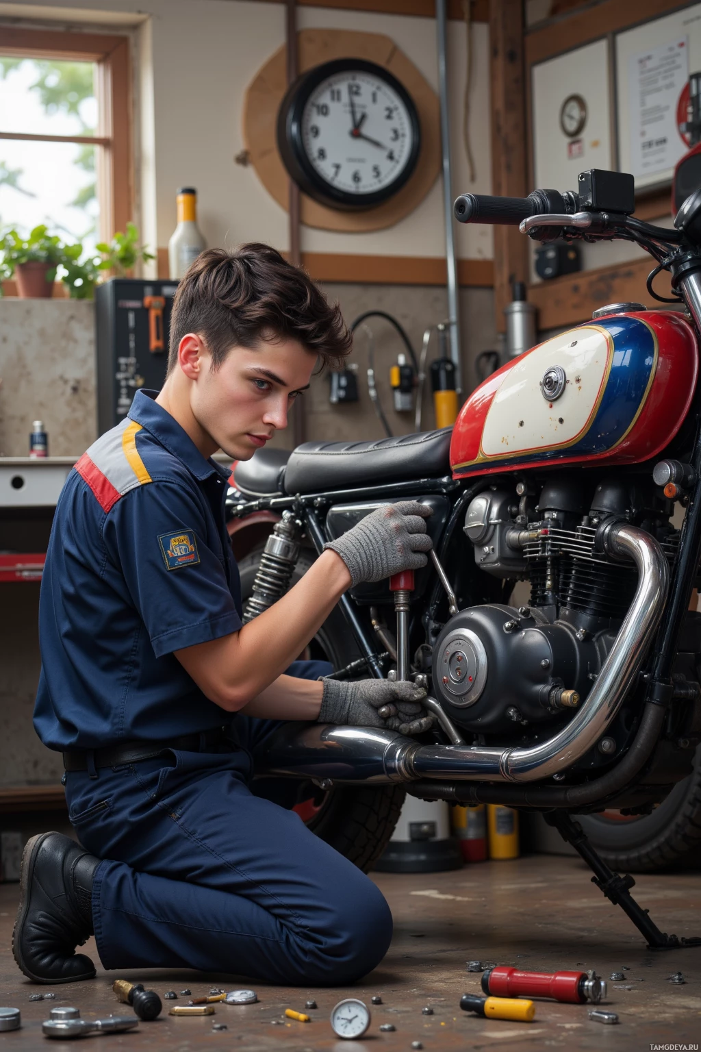 A young person in a blue uniform is working on a motorcycle in a garage.
