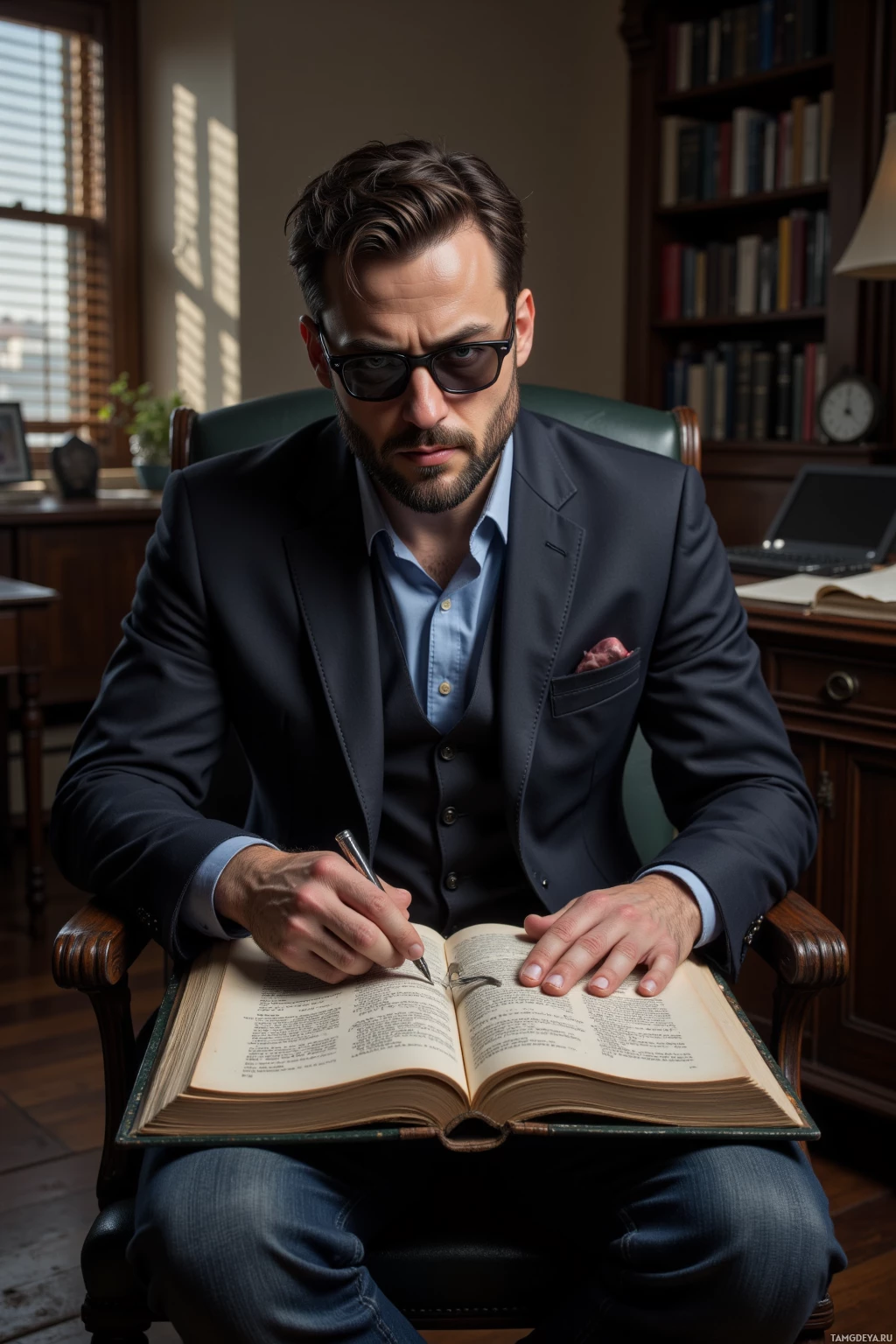 A man in a suit sits in a chair, reading and writing in an open book.