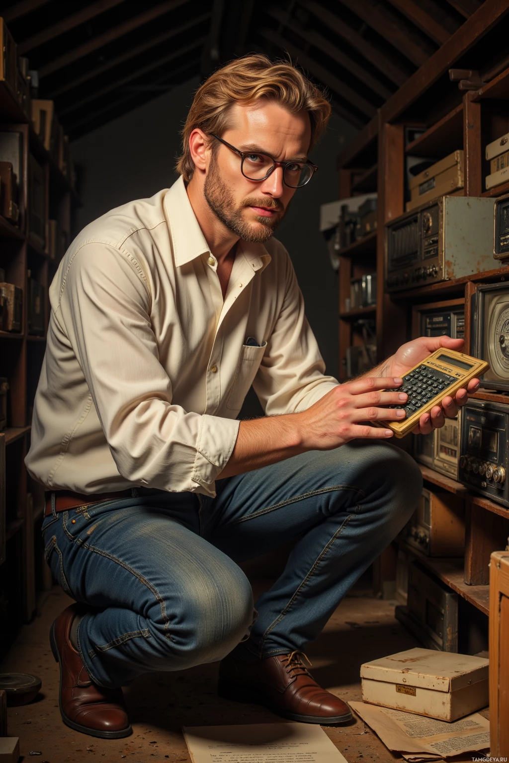 A man in a white shirt and jeans is crouching in a room with shelves, holding a calculator.