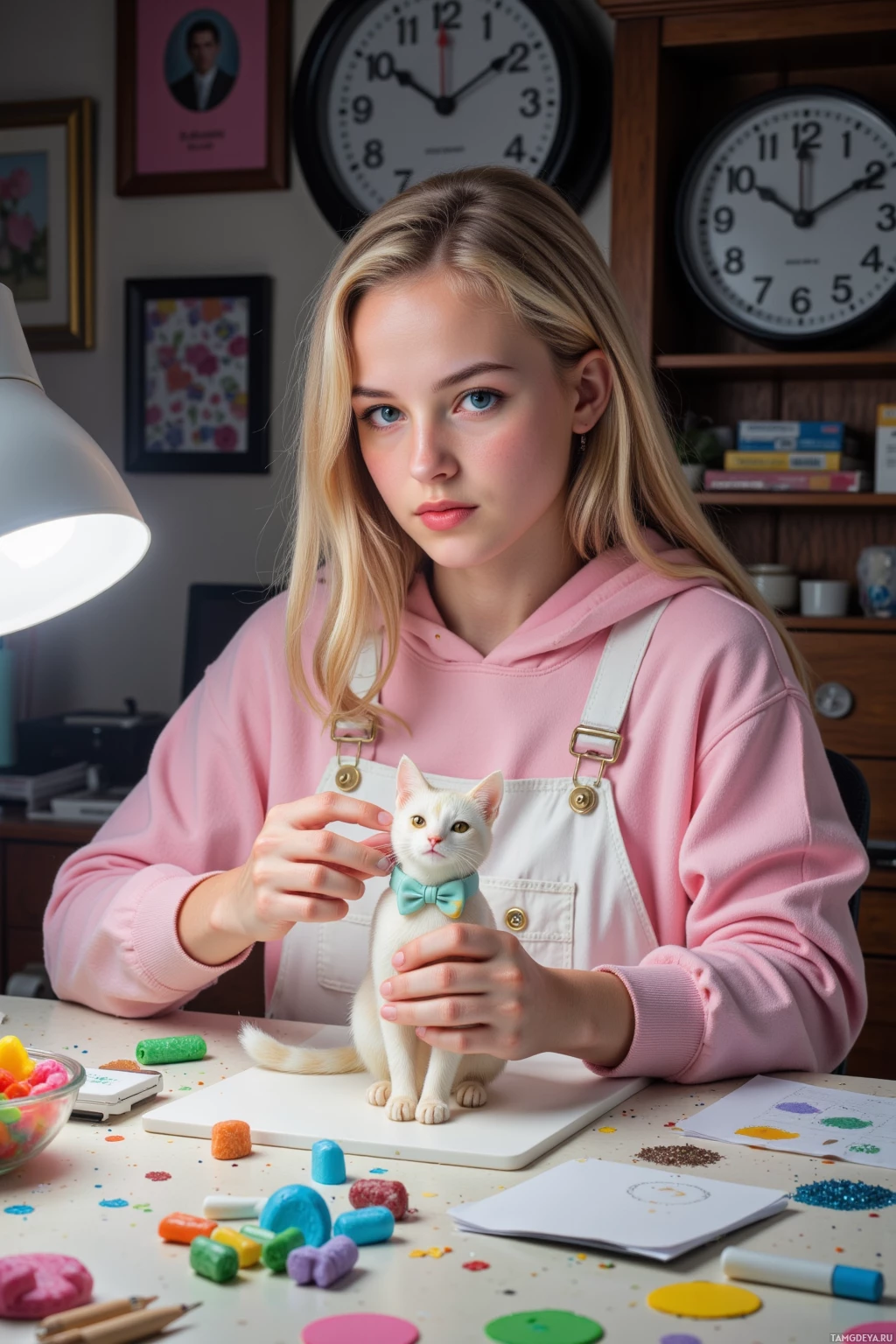 A girl in a pink hoodie and white overalls holds a small white cat figurine at a desk with colorful materials.